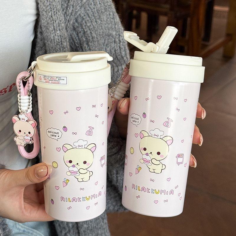 Kitchen Gadgets Aliexpress - 500ml ケーキ柄リトルベアプリント コリラックマ ダブルドリンクコーヒーカップ ランヤード付き 水筒