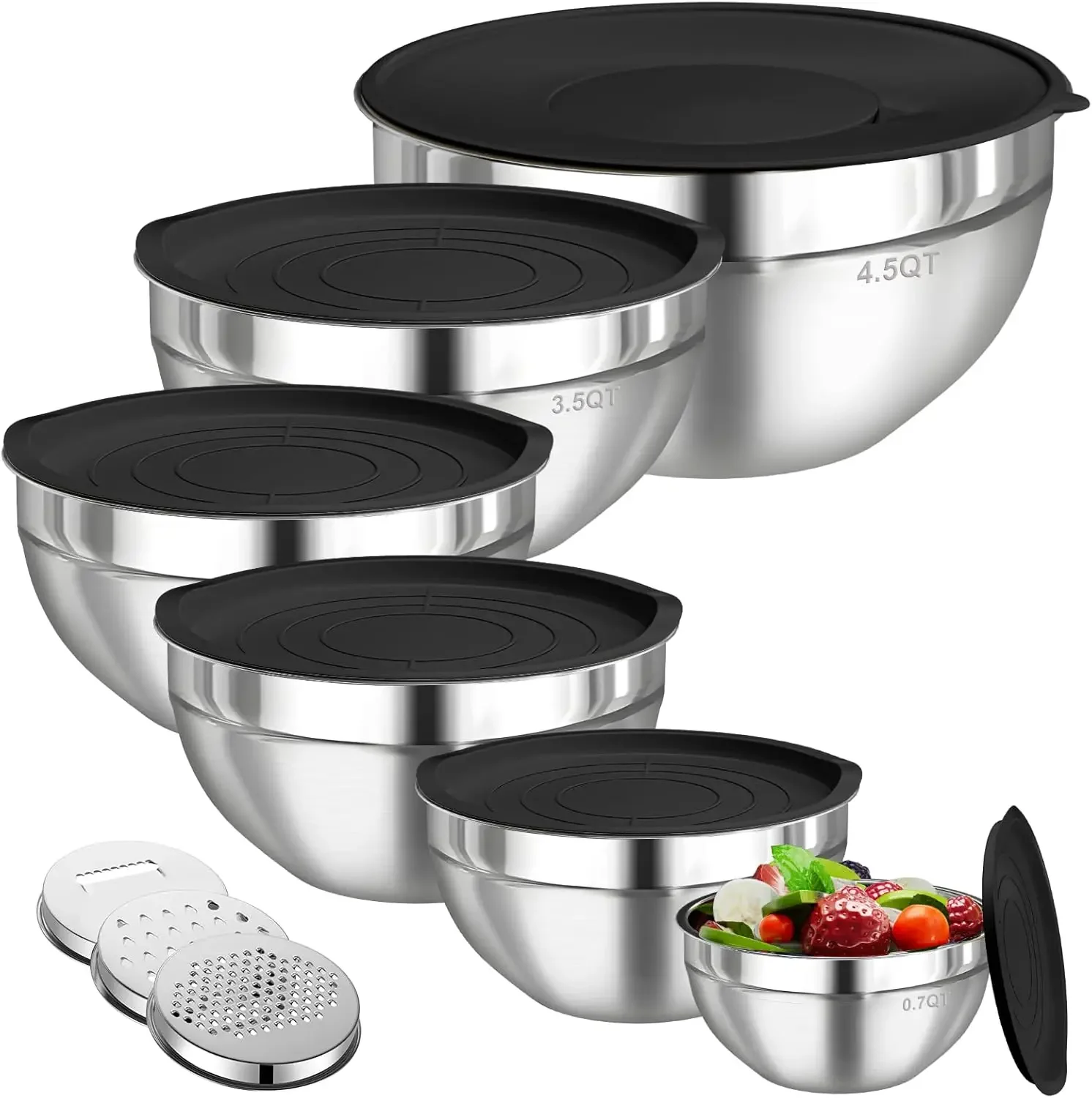 Kitchen Gadgets Latest - 6個セット ステンレス製ミキシングボウル 密閉蓋付き 3種類のグレーター付き 重ねて収納可能 食品保存