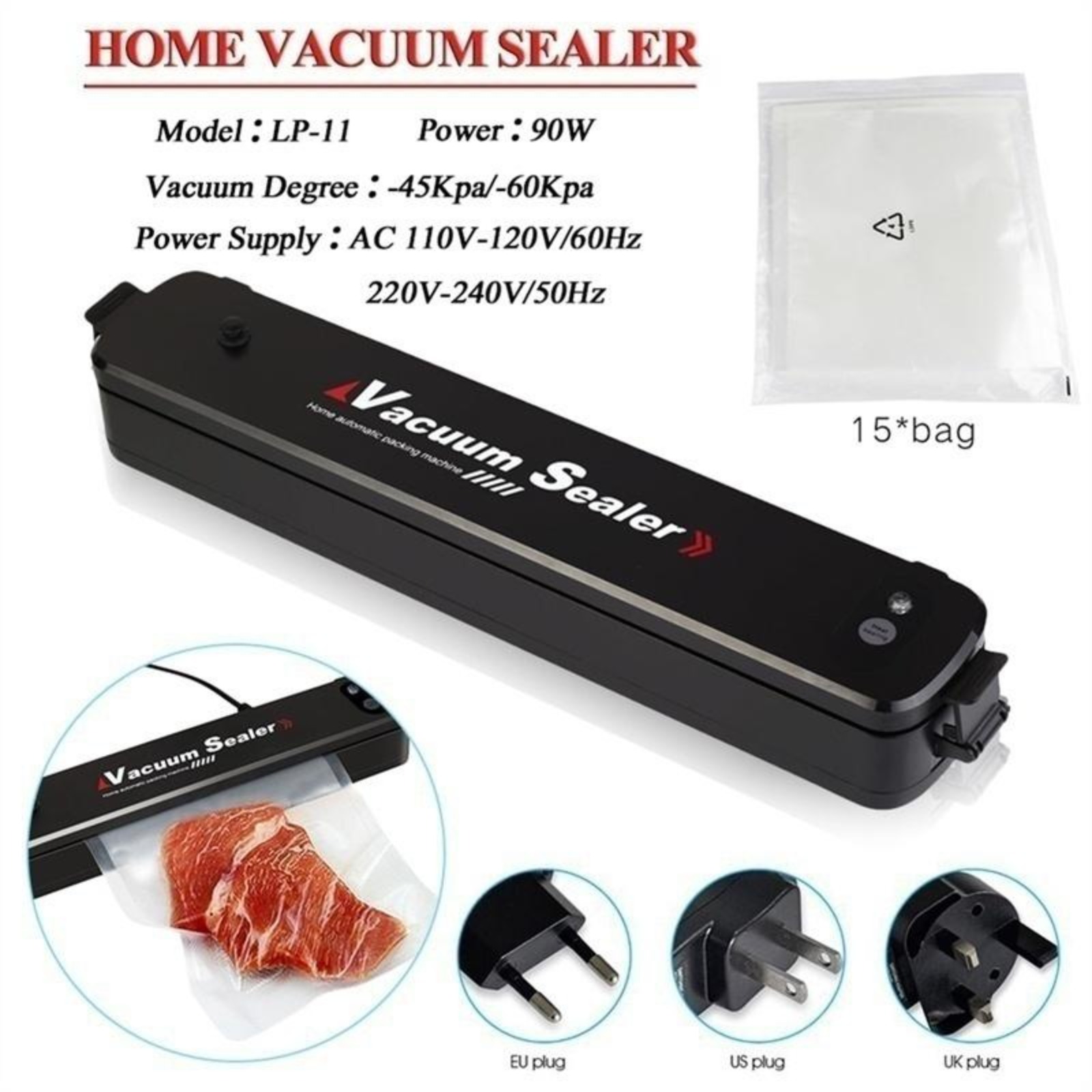 自動真空シーラーマシン ポータブルフードセーバー 15枚の袋 - Kitchen Gadgets Men のレビューと価格