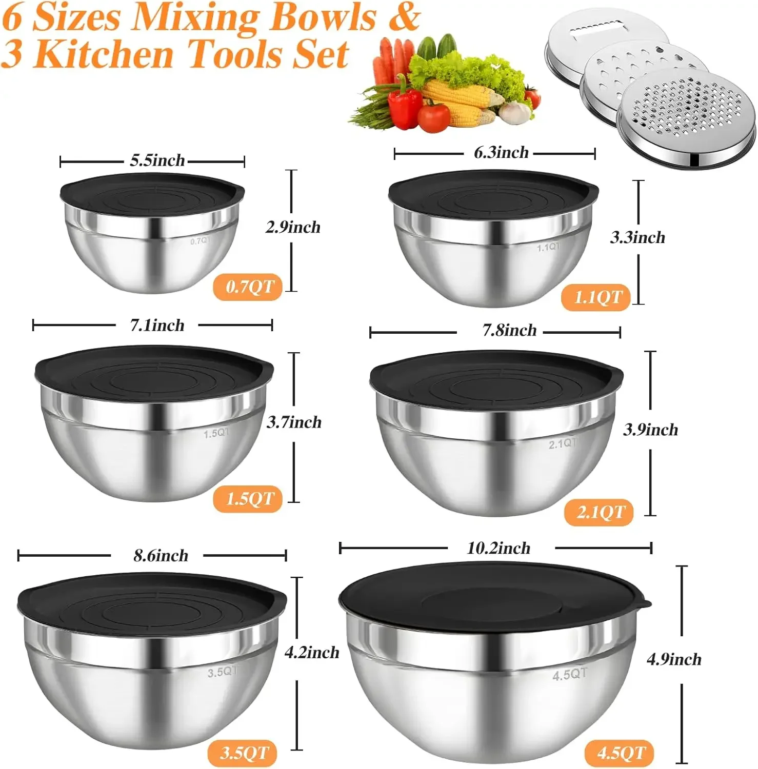 6個セット ステンレス製ミキシングボウル 密閉蓋付き 3種類 - Kitchen Gadgets Latest のレビューと価格